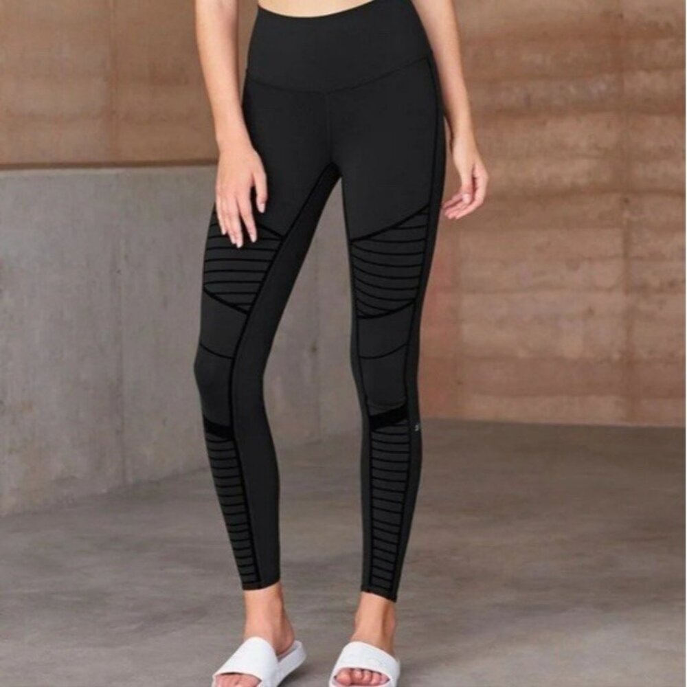 Alo Yoga Black Flocked Moto High Rise Leggings Pants Size XS Workout Sporty